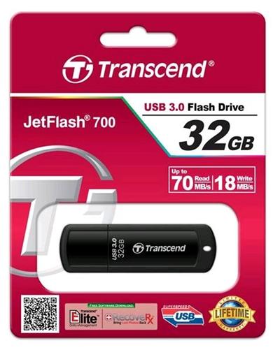 32GB Transcend JetFlash700,USB3.0,čtení/zápis 70/18 MByte/s,černá