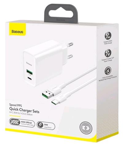 Baseus Speed PPS set duálního USB-A QC + USB-C 30W adaptéru a kabelu USB-A do USB-C,5A,1m,bílá