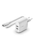 Belkin Duální USB-A domácí nabíječka 24W, lightning kabel, bílá