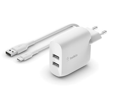 Belkin Duální USB-A domácí nabíječka 2x12W, USB-C kabel, bílá