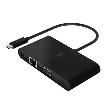 Belkin USB-C multimediální adaptér na HDMI, VGA, RJ45, USB-A 3.0 + 100W napájení Power Delivery, černá