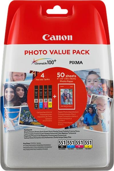 Canon cartridge CLI-551 C/M/Y/BK multipack + PP-201 10x15cm 50l.