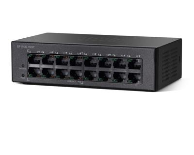 Cisco SF110-16HP 16-Port PoE 10/100 Switch, PoE 64W/8 ports