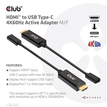 Club3D aktivní adaptér HDMI na USB-C, 4K60Hz,M/F