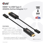 Club3D aktivní adaptér HDMI na USB-C, 4K60Hz,M/F