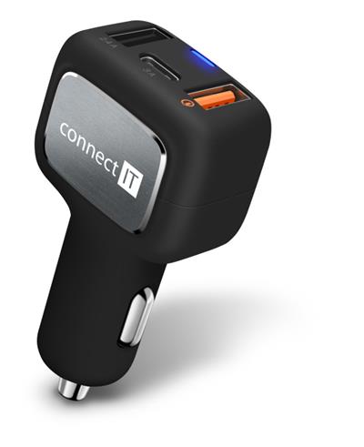 CONNECT IT InCarz QUICK CHARGE 3.0 nabíječka do auta, 2x USB, 1x USB-C, QC 3.0, černá