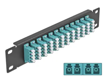 Delock 10" patch panel pro optická vlákna, 12 portů, LC Quad, sv. modrý, 1U, černý