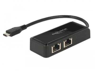 Delock Adaptér Super Speed USB (USB 3.1 Gen 1) s USB Type-C™ samec > 2 x Gigabit LAN 10/100/1000 Mbps