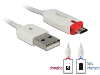 Delock datový a napájecí kabel USB 2.0-A samec > Micro USB-B samec s LED indikátorem, bílý