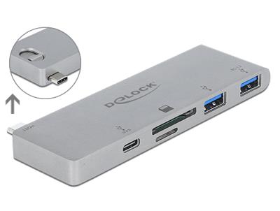 Delock Hub se 3 porty a čtečka karet se 2 sloty pro MacBook s PD 3.0 a zatažitelným připojením USB Type-C™