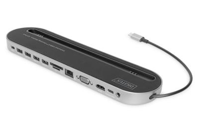 Digitus 12portová dokovací stanice USB-C, šedá, HDMI, VGA, 2x USB-C, 4x USB-A, RJ45, 1x 3,5 mm, SD / MicroSD