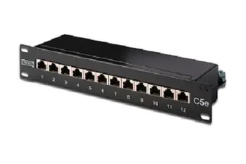 Digitus CAT 5e, Class D patch panel, shielded 12-port RJ45, 8P8C, LSA, 1U, 254 mm(10")Rack Mount color black RAL 9005