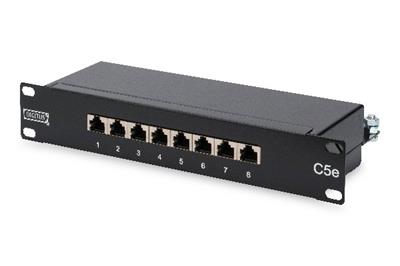 Digitus CAT 5e, Class D patch panel, shielded 8-port RJ45, 8P8C, LSA, 1U, 254mm (10") rack mount color black RAL 9005