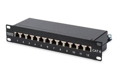 Digitus CAT 6, Class E Patch Panel, shielded 12-port RJ45, 8P8C, LSA, 1U, 254 mm(10")Rack Mount color black RAL 9005