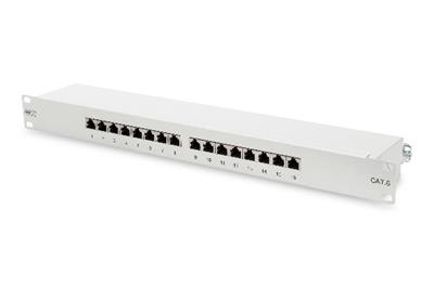 Digitus CAT 6, Class E patch panel, shielded 16-port RJ45, 8P8C, LSA, 1U, rack mount, color grey RAL 7035