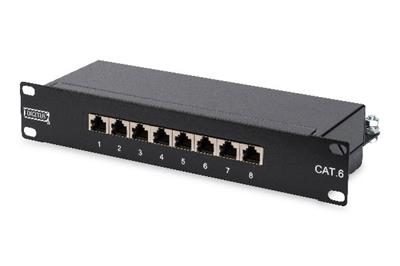 Digitus CAT 6, Class E patch panel, shielded 8-port RJ45, 8P8C, LSA, 1U, 254 mm (10")Rack Mount color black RAL 9005