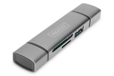 Digitus dvojitá čtečka karet OTG (USB-C + USB 3.0) 1x SD, 1x MicroSD, 1x USB 3.0, šedá