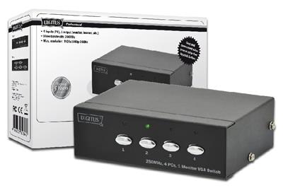 Digitus VGA Switch, 4 inputs, 1 output 250MHz, incl. power supply DC9V, 300mA, Max. Res. 1920x1080p