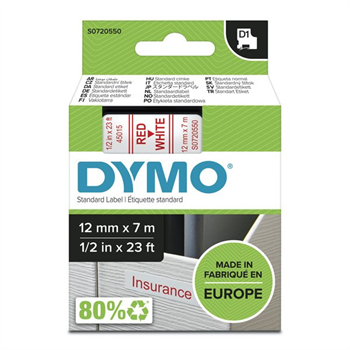 Dymo páska D1 - červený tisk/bílý podklad, 7m, 12mm 45015