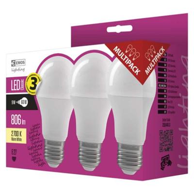 Emos LED žárovka Classic A60, 9W/60W E27, WW teplá bílá, 806 lm, Classic A+, 3 PACK