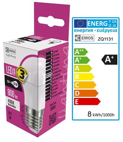 Emos LED žárovka Classic MINI GL 8W(60W),E27,806lm,neutrální bílá