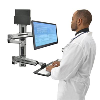 ERGOTRON LX Sit Stand Wall Mount System, Small Black CPU Holder, Polished, pracovní stanice na zeď