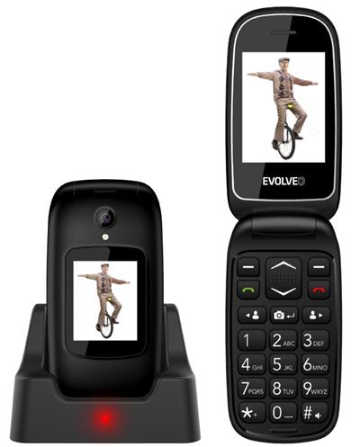 EVOLVEO EasyPhone FD, vyklápěcí mobilní telefon pro seniory s nabíjecím stojánkem (černá barva)