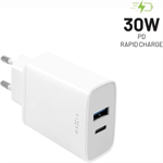 Fixed nabíječka do sítě, konektor USB-C + USB-A, podpora PD, 30 W, bílá