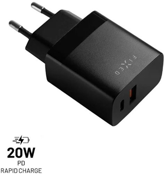 Fixed Síťová nabíječka s USB-C a USB výstupem, podpora PD a QC 3.0, 20W, černá