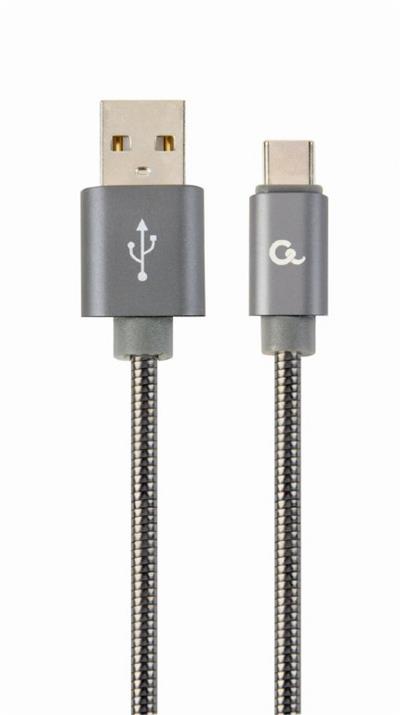 Kabel CABLEXPERT USB 2.0 AM na Type-C kabel (AM/CM), 1m, metalická spirála, šedý, blister, PREMIUM QUALITY