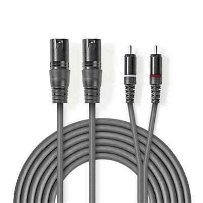 Nedis COTH15210GY30 - XLR Audiokabel | 2x XLR 3pinová Zástrčka – 2x RCA Zástrčka | 3 m | Šedá barva