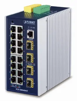 PLANET IGS-20040MT Switch, průmyslový, 16x RJ-45, 4x SFP, Web/SNMPv3, VLAN, IGMPv3, ESD, IPv4/IPv6, -40 až +75°C