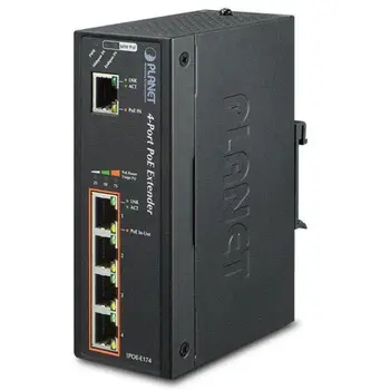 Planet IPOE-E174 POE EXTENDER+SWITCH IEEE802.3AT, 4+1X 1000BASE-T, DIN, IP30, EFT+ESD, -40~75°C, 60W