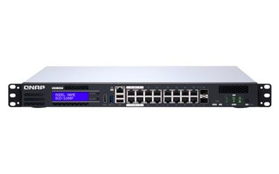 QNAP QGD-1600P: 16 1GbE PoE ports with 2 RJ45 and SFP+ combo port. (Support 4 IEEE 803.3bt PoE ++ ports, each port can