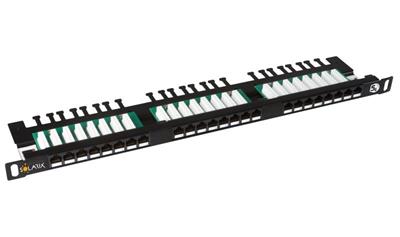 Solarix patch panel 24xRJ45 CAT5E UTP s vyvazovací lištou, černý, 0,5U