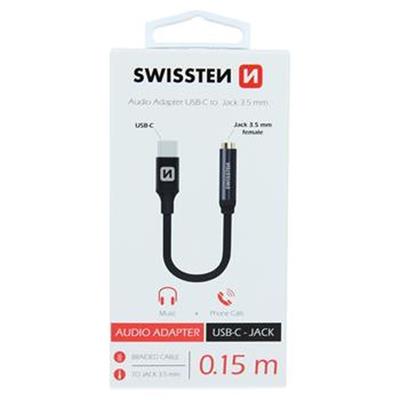 SWISSTEN AUDIO ADAPTÉR TEXTILE USB-C/JACK (samice) 0,15 M CERNÝ