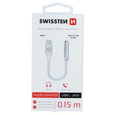 SWISSTEN AUDIO ADAPTÉR TEXTILE USB-C/JACK (samice) 0,15 M STRÍBRNÝ