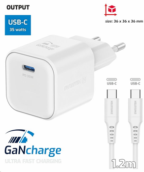 Swissten Síťový adaptér GaN 1xUSB-C 35W PD,bílý + datový kabel USB-C 1.2m,bílý