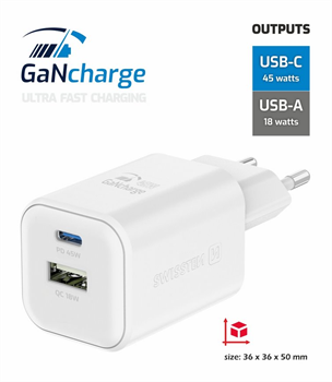 Swissten síťový adaptér GaN 1xUSB-C 45W + 1xUSB-A 18W,QC,bílý