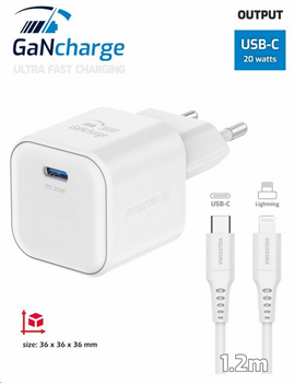 Swissten Síťový adaptér GaN 20W,USB-C+kabel 1.2m C/Lightning,bílý