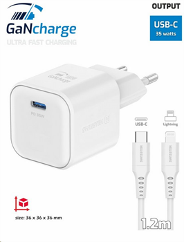 Swissten Síťový adaptér GaN 35W,USB-C+kabel 1.2m C/Lightning,bílý