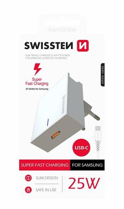 SWISSTEN SÍŤOVÝ ADAPTÉR PRO SAMSUNG SUPER FAST CHARGING 25W + DATOVÝ KABEL USB-C/USB-C 1,2 M BÍLÝ