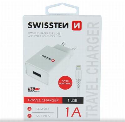 SWISSTEN SÍŤOVÝ ADAPTÉR SMART IC 1x USB 1A POWER + DATOVÝ KABEL USB / LIGHTNING 1,2 M BÍLÝ