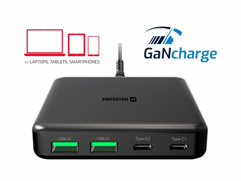 Swissten síťový napájecí adaptér GaN,2xUSB-C,2xUSB-A,PD 65W,černý