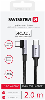 Swissten USB-C datový kabel PD 5A (100W,2m,černý,zahnutý