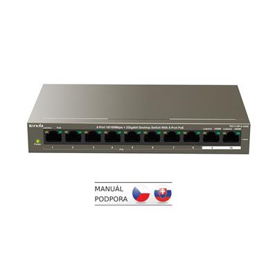 Tenda TEF1110P-8-102W - PoE AT Switch 102Watt, 10xRJ45 Switch s 8x 10/100 Mbps PoE, 2x Gigabit Uplink, Fanless, Kov