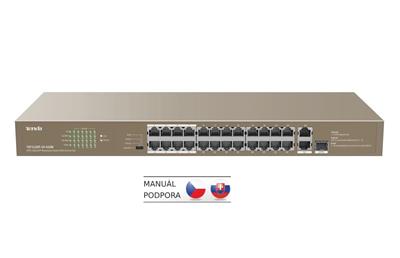 Tenda TEF1126P-24-410W - PoE AT Switch 370Watt, 24xRJ45 10/100 Mbps PoE, 2x Gigabit Uplink RJ45/SFP, Fanless, Kov