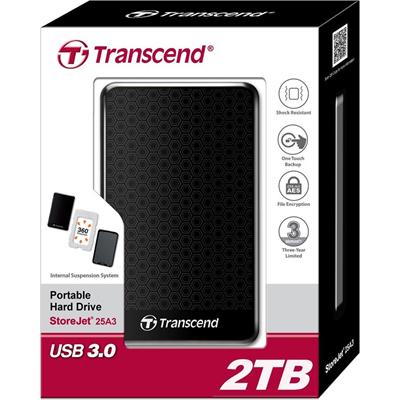 Transcend 2TB StoreJet 25A3,ext.hdd 2.5" USB 3.0,Black (nárazuvzdorný,256-bit AES)