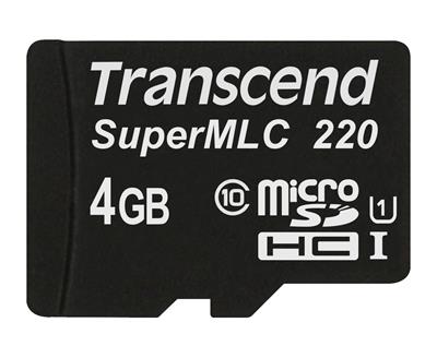 Transcend 4GB microSDHC220I UHS-I U1 (Class 10) SuperMLC průmyslová paměťová karta, 81MB/s R, 46MB/s W, černá