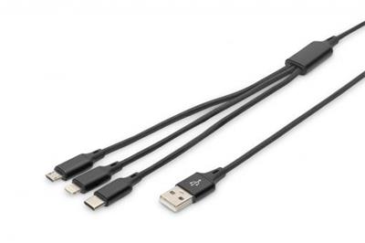 USB nabíjecí kabel, 3 v 1 , USB A - Lightning+micro B+Type-C 1m, kabel, bavlna, CE, bl